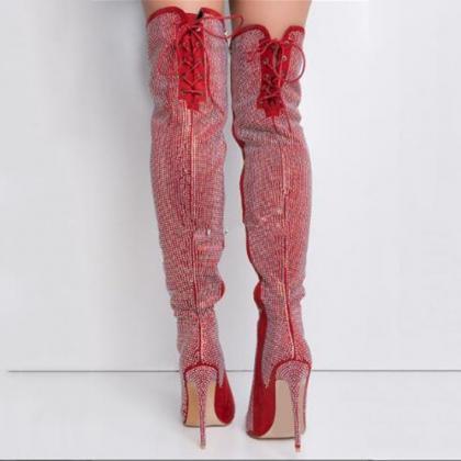 Fashion Red Rhinestone Strap Pointed Toe Knee High..