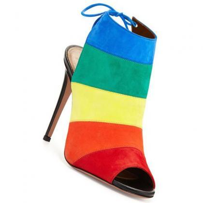 Rainbow Colorblock Suede Strap Peep Toe High Heel..