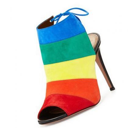 Rainbow Colorblock Suede Strap Peep Toe High Heel..