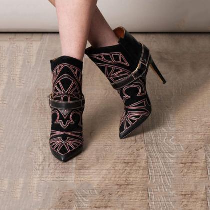 Leather Embroidery Pointed Toe High Heel Ankle..
