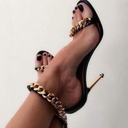 Party Black Leather Chain Open Toe High Heel..