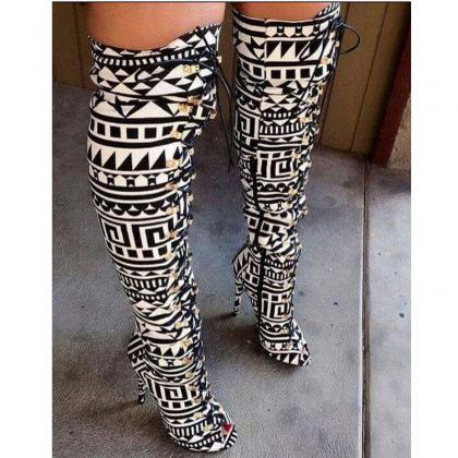 Print Strap Pee Toe High Heel Knee High Boots