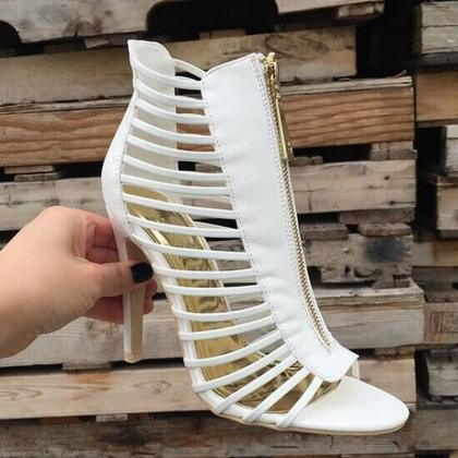Sexy White Leather Cutout Open Toe High Heel..