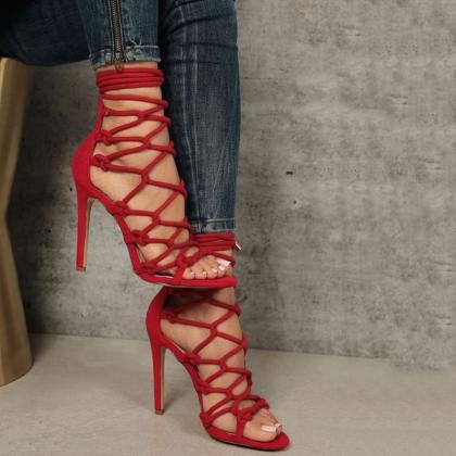 Casual Red Cutout Strap Open Toe High Heels..