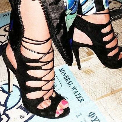 Sexy Black Suede Peep Toe Strap Cutout High Heel..