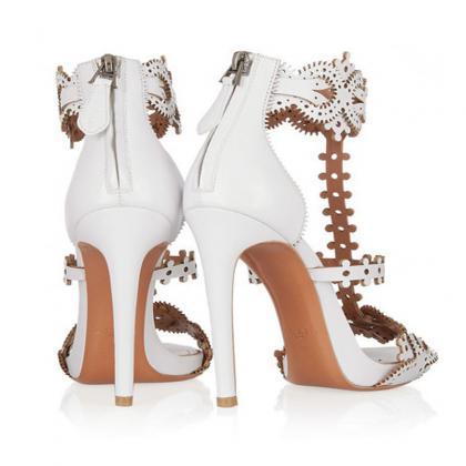 Sexy White Cutout Leather Open Toe High Heel..