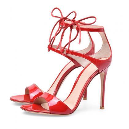 Summer Red Patent Leather Strap Open Toe High Heel..