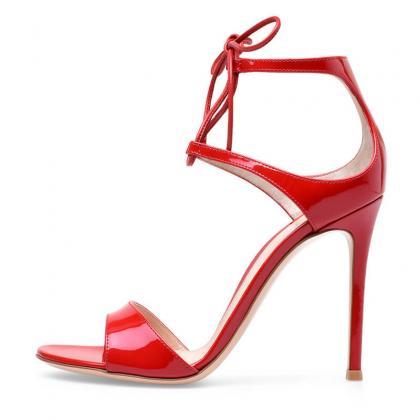Summer Red Patent Leather Strap Open Toe High Heel..