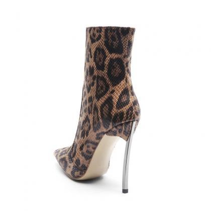 Sexy Leopard Zipper Point Toe High Heel Ankle..