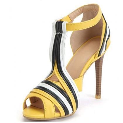 Summer Color Block Pu Yellow Open Toe High Heel..