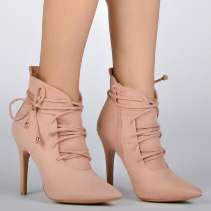 Pink Suede Strap Point Toe High Heel Ankle Boots