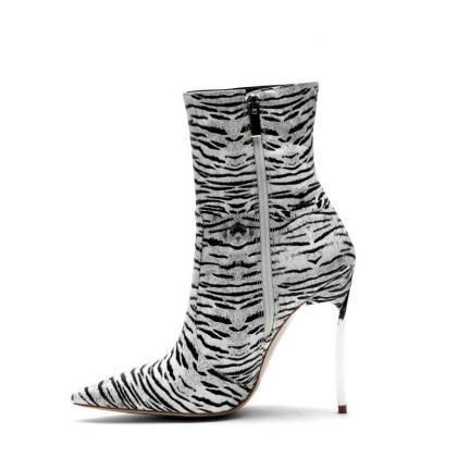 Tiger Print Pointed Toe Zipper High Heel Ankle..