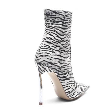 Tiger Print Pointed Toe Zipper High Heel Ankle..