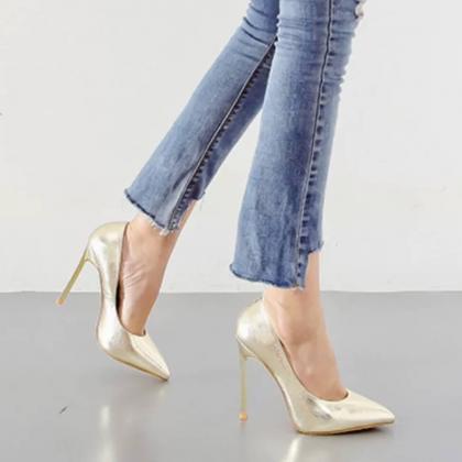 Simple Leather Plain Pointed Toe Stiletto Heel..