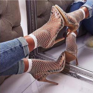 Sexy Mesh Cutout Bright Color High Heel Sandals