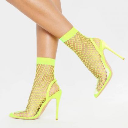 Sexy Mesh Cutout Bright Color High Heel Sandals