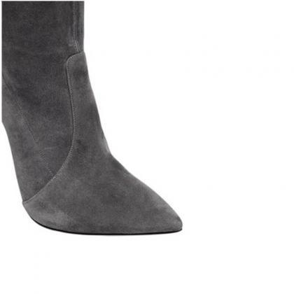 Gray Suede Pointed Toe High Heel Knee High Boots