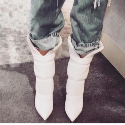 Winter White Leather Pointed Toe Mid Heel Calf..