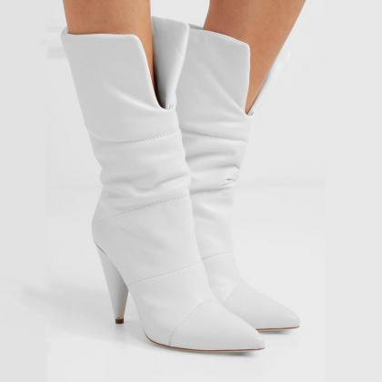 Winter White Leather Pointed Toe Mid Heel Calf..