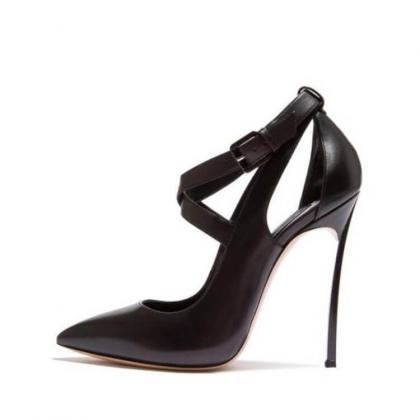 Black Leather Cutout Pointed Toe Stiletto Heel..