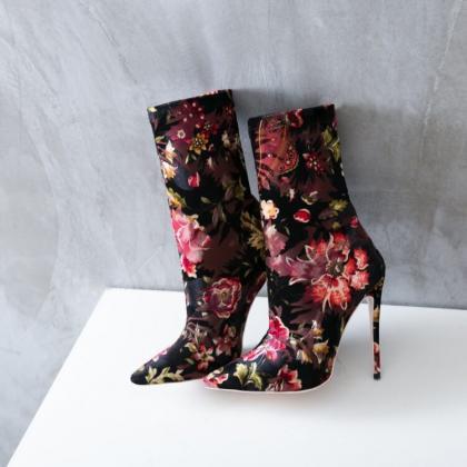 Casual Flower Print Pointed Toe High Heel Ankle..