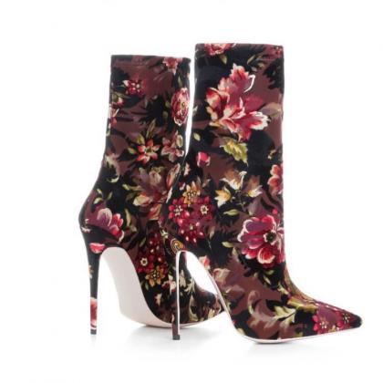 Casual Flower Print Pointed Toe High Heel Ankle..
