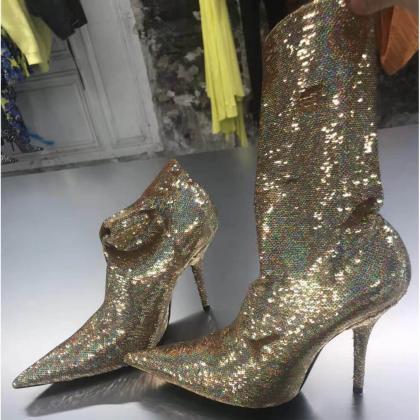 Party Gold Sequin Pointed Toe High Heel Calf Boots