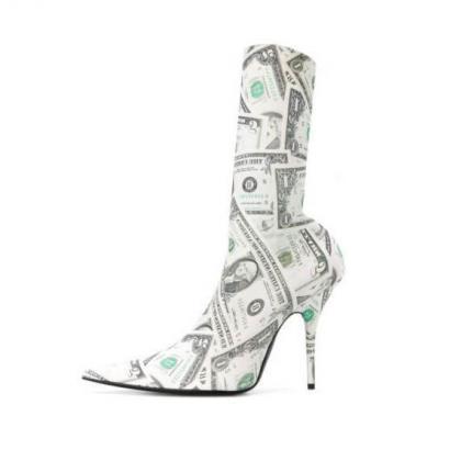 Party White Dollar Print Pointed Toe High Heel..