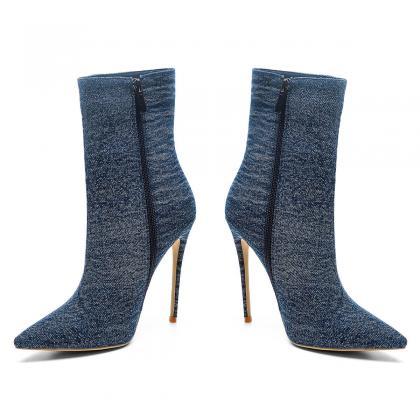 Blue Denim Pointed Toe High Heel Calf Boots
