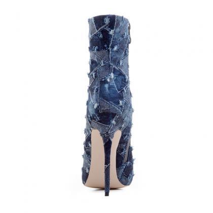 Blue Denim Ripped Pointed Toe High Heel Calf Boots