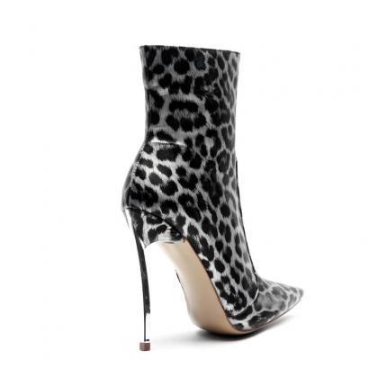 Leopard Pu Pointed Toe High Heel Calf Boots