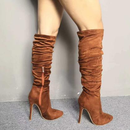 Suede Brown Ruched High Heel Knee High Boots