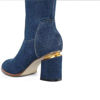 Casual Blue Denim Ripped Chunky Heel Over Knee..