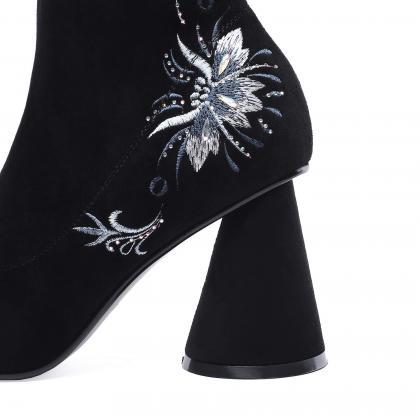 Black Suede Embroidery Chunky Heel Boots