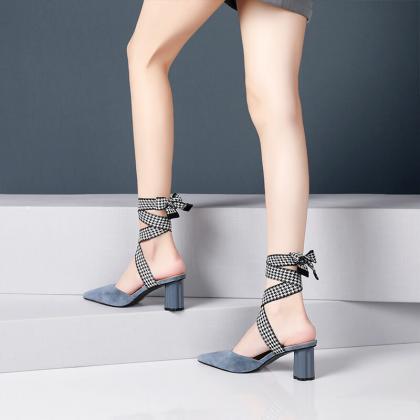 Suede Pointed Toe Strap Plaid Chunky Heel Sandals