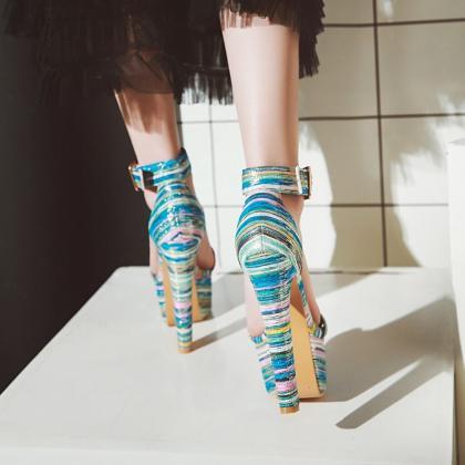 Summer Color Block Platform Chunky Heel Sandals