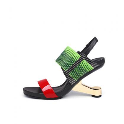 Leather Open Toe Color Block Special Shaped Heel..