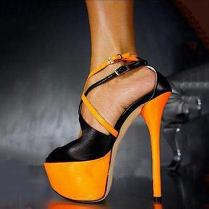 Leather Peep Toe Platform Color Block High Heel..