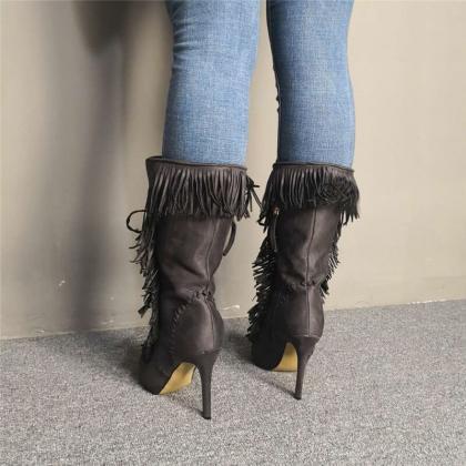 Sexy Gray Suede Fringe Strap Pointed Toe High Heel..