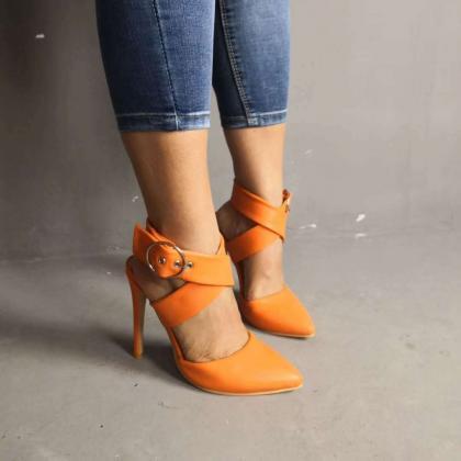 Sexy Orange Leather Pointed Toe Cutout Buckle High..
