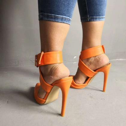 Sexy Orange Leather Pointed Toe Cutout Buckle High..