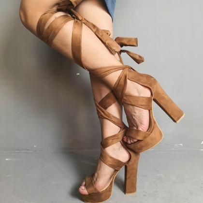 Brown Suede Strap Platform Chunky Heel Sandals