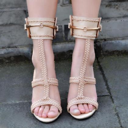 Apricot Leather Open Toe Buckle High Heel Sandals