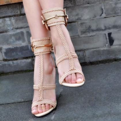 Apricot Leather Open Toe Buckle High Heel Sandals