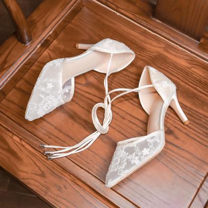 Sexy White Lace Pointed Toe Strap High Heel..