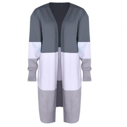 Gray Colorblock Open Front Knitted Long Cardigan