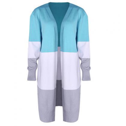 Sky Blue Colorblock Open Front Knitted Long..