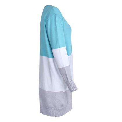 Sky Blue Colorblock Open Front Knitted Long..
