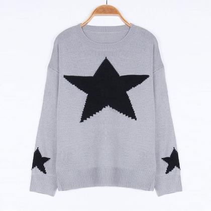 Gray Star Pattern Knitted Sweater