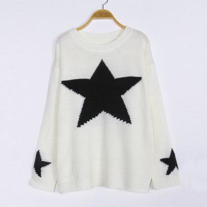 Beige Star Pattern Knitted Sweater